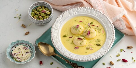 Saffron milk rasmalai topped with pistachios and dried rose petals – dessert photography