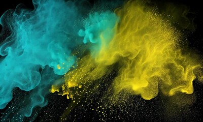 Vibrant blue and yellow powder bursts against black background