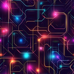 Obraz premium Seamless vibrant abstract background featuring glowing circuit-like patterns in various colors including blue, pink, and yellow against a dark backdrop.