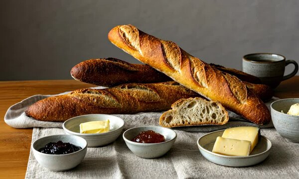 Fresh baguettes with butter, cheese, and jam served for breakfast on table