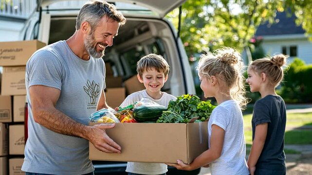 Volunteer distributing food aid to families in need in the community