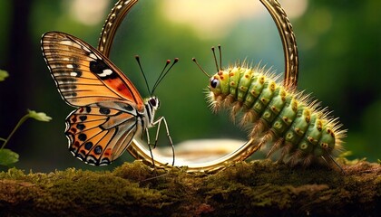 Fototapeta premium A caterpillar looking into a mirror and seeing a butterfly—self-transformation. 