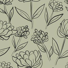 Seamless floral pattern featuring hand-drawn line art flowers and leaves on a bold  background. This elegant botanical design combines sketchy outlines and minimalist shapes, perfect for textile 