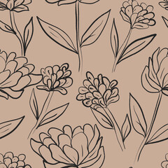 Seamless floral pattern featuring hand-drawn line art flowers and leaves on a bold  background. This elegant botanical design combines sketchy outlines and minimalist shapes, perfect for textile 
