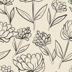 Seamless floral pattern featuring hand-drawn line art flowers and leaves on a bold  background. This elegant botanical design combines sketchy outlines and minimalist shapes, perfect for textile 