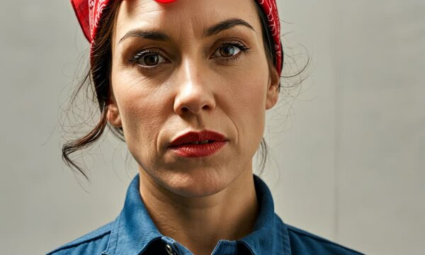 Woman dressed as Rosie Riveter in blue shirt and red bandana