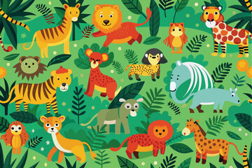 A lively pattern showcases various zoo animals among lush greenery, creating a cheerful atmosphere, Zoo animals pattern on green background