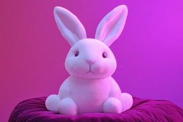 Obraz premium Fluffy white bunny plush toy on a purple cushion.