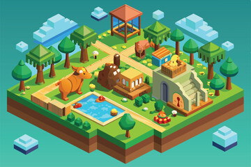 A vibrant, isometric zoo design showcases various animal enclosures, trees, and pathways, Zoo Customizable Isometric Illustration