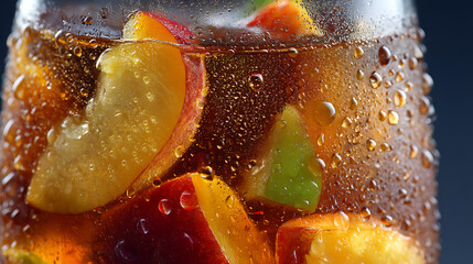 Iced tea with floating fruit slices, including apples and citrus, in glass with condensation, creating refreshing and vibrant drink