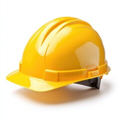 A close up studio shot of a yellow hard hat for construction on a white background surface plain