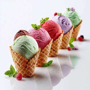 Bunte Eiscreme-Sorten in Waffelh&ouml;rnchen in einer Reihe