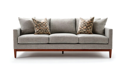 Obraz premium stylish light gray sofa with modern design, featuring plush cushions and decorative patterned pillows, perfect for enhancing any living space with comfort and elegance