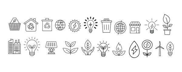 Eco-Friendly Line Art Icons &ndash; Minimalist Sustainability, Recycling, and Clean Energy Symbol Set