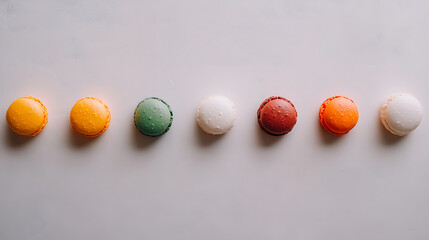 Obraz premium colorful assortment of macarons arranged in row, showcasing vibrant hues of yellow, green, red, and orange against light gray background, creating delightful and inviting display