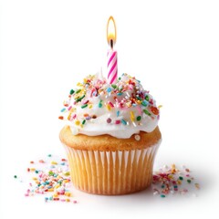 Cupcake with candle and sprinkles on white background