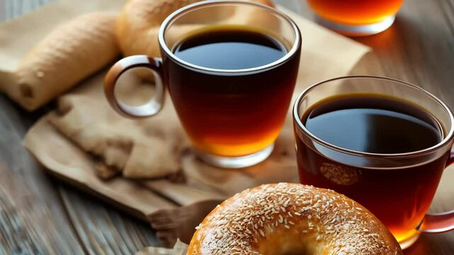Breakfast scene with tea and bagel on wooden table