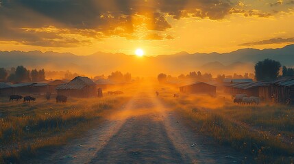 Obraz premium Scenic Village At Sunset With Grazing Animals And Golden Light Photo