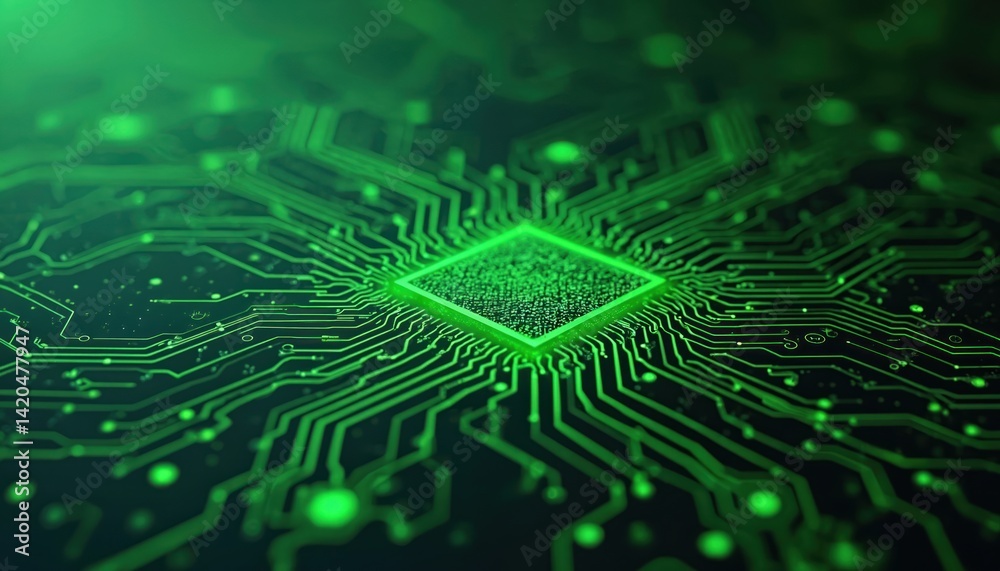 Poster abstract illustration of a computer processor with glowing green circuits. represents tech, innovati