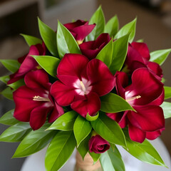 Elegant Maroon Flower Bouquet with Lush Green Leaves in Harmony