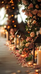 Beautiful floral arrangements and lanterns adorn the aisle.