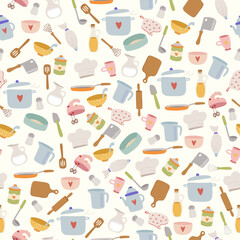 Cute hand drawn vector pattern of kitchen elements in doodle style.  Colourful cooking accessories and equipments background. Backdrop for textile and paper
