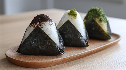 Minimalist onigiri trio with seaweed wrapping, showcasing three distinct flavors and textures, beautifully arranged on wooden plate, evoking sense of simplicity and culinary delight