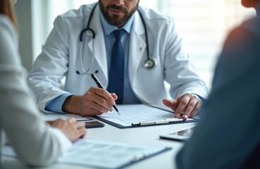 Doctor writes on medical chart during consultation. Doctor wearing stethoscope consulting patient. Colleagues discuss healthcare plan. Analysis patient condition, diagnosis treatment, making decision.