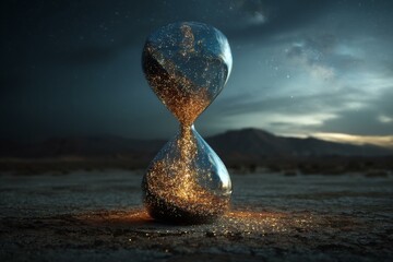 Hourglass with glittering sand on a desolate landscape under a starry night sky representing time, destiny, future, hope, and change.