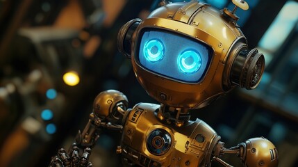 Fototapeta premium A futuristic, friendly robot with a shiny golden exterior and bright blue eyes, set against a high-tech background. The robot appears welcoming and advanced, showcasing intricate mechanical details.