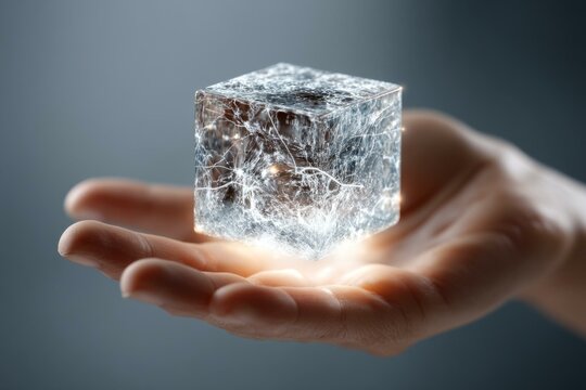 Hand holding a glowing cube of light, abstract energy concept, crystal structure, ethereal and modern, scientific element in hand