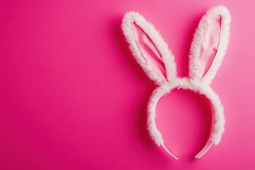 Fluffy white bunny ears headband sits against a vibrant pink background.