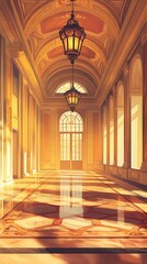 Obraz premium Golden palace hallway, sunlit grandeur
