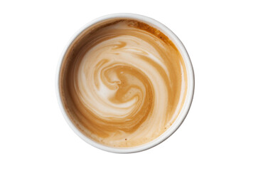 A Swirling Galaxy of Coffee: Top-Down View of Latte Art in a White Cup Against a Bold Black Backdrop