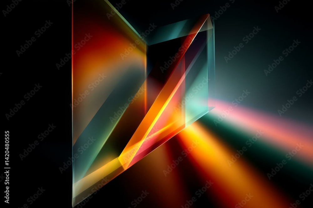 Poster abstract geometric shape forms of intersecting planes with colorful light and shadow play in a dark 