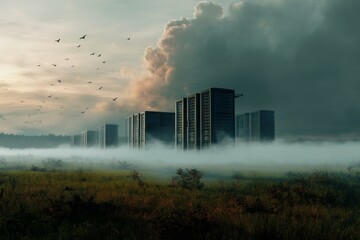 Towering Data Servers Rising Above a Fog-Laden Landscape, With Birds Soaring in a Dramatic Sky
