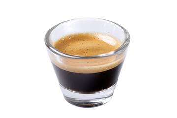 Obraz premium Intense Espresso Shot: A concentrated jolt of rich, dark coffee with a smooth crema, served in a clear glass for a visual delight.