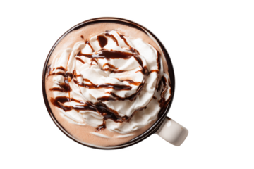 Indulge in Decadence: A bird's eye view of a steaming mug of hot chocolate, topped with fluffy whipped cream and a rich chocolate drizzle.