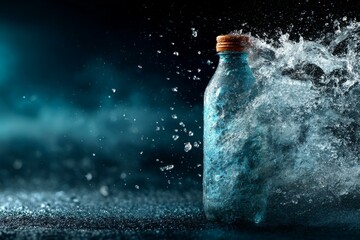 Water bursts explosively from a textured blue bottle with a copper cap against a dark backdrop, creating a dynamic splash.