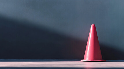 vibrant orange traffic cone stands alone against textured wall, casting soft shadow on ground. scene conveys sense of isolation and focus on object