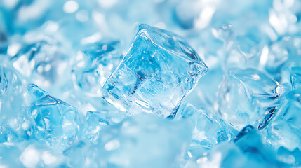 Translucent ice cubes glistening in bed of crushed ice, creating refreshing and cool atmosphere. vibrant blue background enhances icy appearance, evoking sense of chill