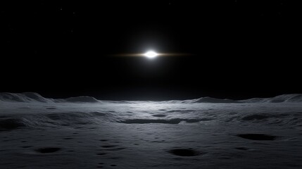 Lunar landscape under a bright moon.  A vast, icy lunar plain stretches out, dotted with craters and mounds, illuminated by a luminous celestial body.  A serene, desolate scene