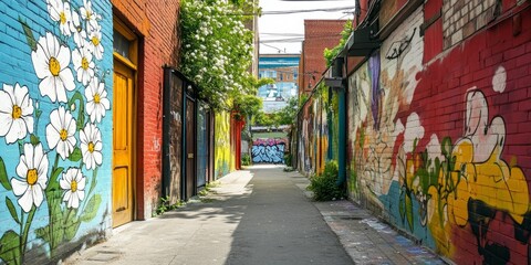 Fototapeta premium Colorful floral graffiti art adorns brick wall. Plants, flowers in vibrant hues decorate urban landscape. Mural design modern, creative. Weathered building houses artful street scene. Offers unique