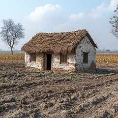 Small Rural House In Arable Field With Thatch Roof In Winter Photo