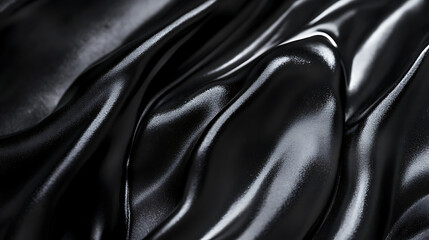Fototapeta premium close up view of smooth, flowing black fabric with high gloss finish, creating dramatic and elegant appearance. texture showcases waves and folds, enhancing visual depth