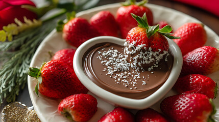 heart shaped dish filled with rich chocolate dip surrounded by fresh strawberries creates romantic and inviting atmosphere, perfect for celebrations