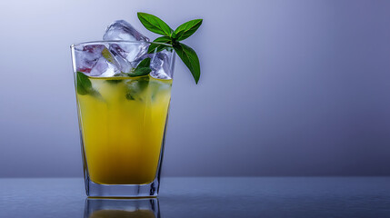 refreshing glass of vibrant yellow lemonade filled with ice cubes and garnished with fresh mint leaves, perfect for hot day. drink exudes sense of coolness and relaxation