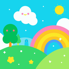 spring landscape with rainbow and flowers