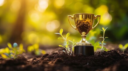 Golden Trophy Award Success Achievement Growth Plants Nature Background Environmental Sustainability Business Triumph Prize Winning Champion Excellence Golden Shiny Award Ceremony Celebration Victory 