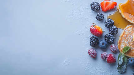 Fluffy pancakes topped with fresh berries, syrup, and sprinkle of powdered sugar create delightful breakfast scene. vibrant colors and textures evoke sense of indulgence and joy
